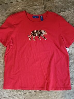 Karen Scott Sequin Beaded Tiger Tee Shirt Top Embellished Animal Print Large NWT